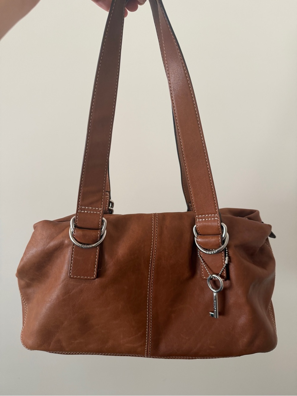 Fossil Brown Leather Shoulder Bag with Key Charm